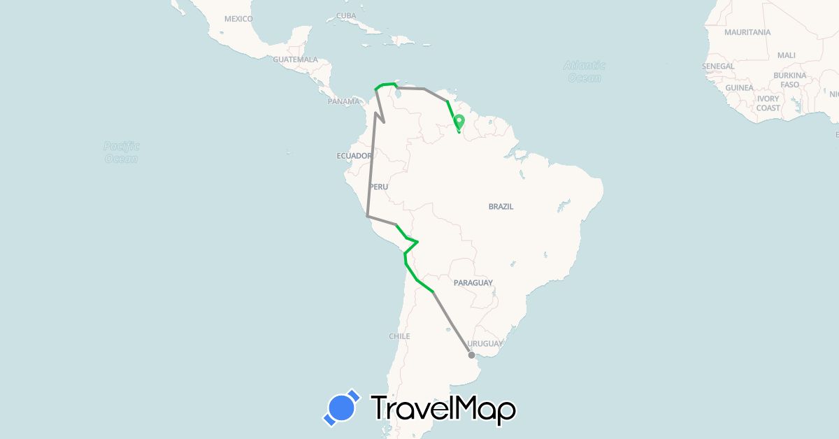 TravelMap itinerary: driving, bus, plane in Argentina, Bolivia, Brazil, Chile, Colombia, Peru, Venezuela (South America)