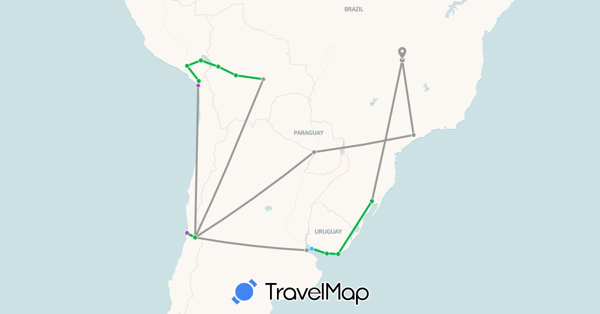 TravelMap itinerary: driving, bus, plane, train, boat in Argentina, Bolivia, Brazil, Chile, Peru, Paraguay, Uruguay (South America)