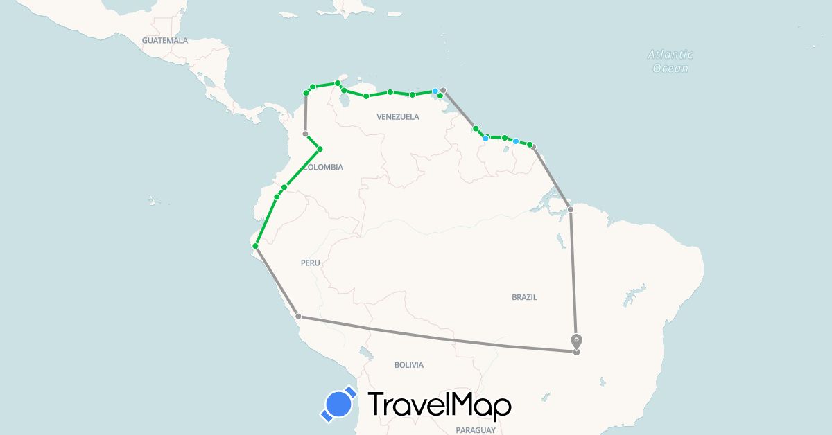 TravelMap itinerary: driving, bus, plane, boat in Brazil, Colombia, Ecuador, French Guiana, Guyana, Peru, Suriname, Trinidad and Tobago, Venezuela (North America, South America)